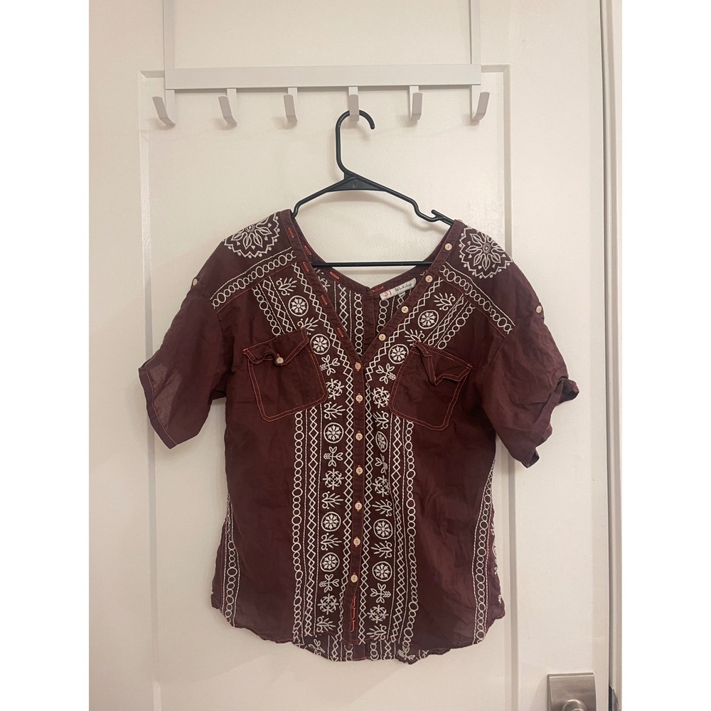 3J Workshop Brown Embroidered Boho Blouse Front Button Coastal